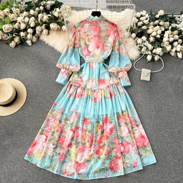 LE1937 French Court Style Long Maxi Dress Spring Women Belted Floral Print Dress Slimming Holiday Flowing Chiffon Evening Dress - Image 2