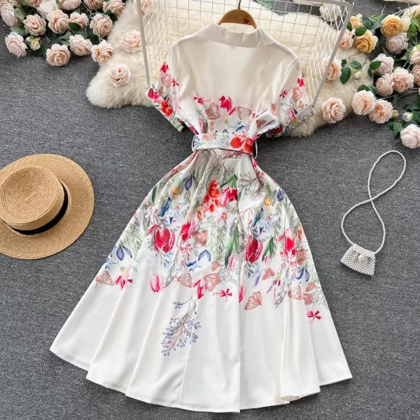 LE1456 Summer New Suit Collar Temperament Celebrity Waist Printing Chiffon Dress Female Short-sleeved Sweet Pleated Fairy Dress - Image 2