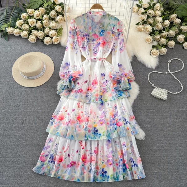 LE1924 Spring Gentle Chiffon Floral Print Dress Vintage Bow Lace-Up Lantern Long Sleeve Cake Dress Holiday Ladies Maxi Dress - Image 2