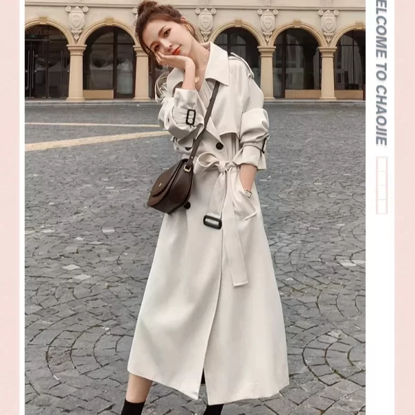 LE4580 Boutique Temperament Trench Coat Women'S Long Small Over the Knee Coat Spring Khaki Women'S Trench Coat