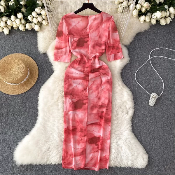 LE1914 2025 New Gentle Tie-Dye Print Dress Women Summer Fanny Pack Hip Hotsweet Dress V-Neck Sheath Midi Dress - Image 3