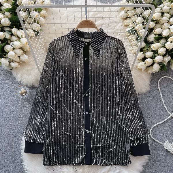 LE2372 Senior Sense Sequin Fringe Shirt Women'S Spring Temperament Long Sleeve Streetwear Thin See-Through Gauze Blouse Shirt - Image 5