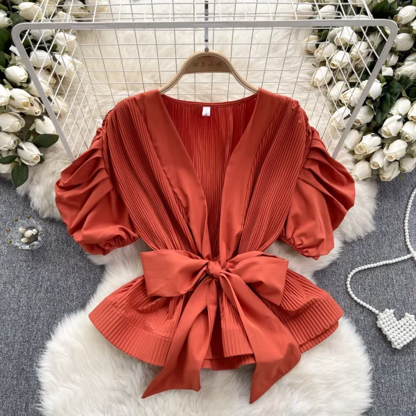 LE4036 Design Sense Pleated Bubble Sleeve French Shirt Lady Sweet Bow Waist Folding Lotus Leaf Pleated Blouse Lady