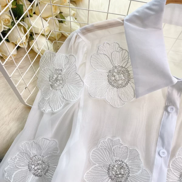 LE4030 High-End Beaded Sequin Three-Dimensional Flower Shirt Women 2025 Spring New See-Through Mesh French Top - Image 4