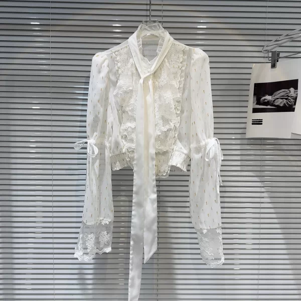 LE2065 New French Little Fragrance Ribbon Lace Chiffon Blouse