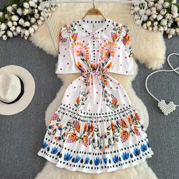 LE1441 Retro Courtly Ethos Bubble Short-Sleeved Crew Neck Lace-Up Party Dress Elastic Waist Slimming Printed A-Line Dress