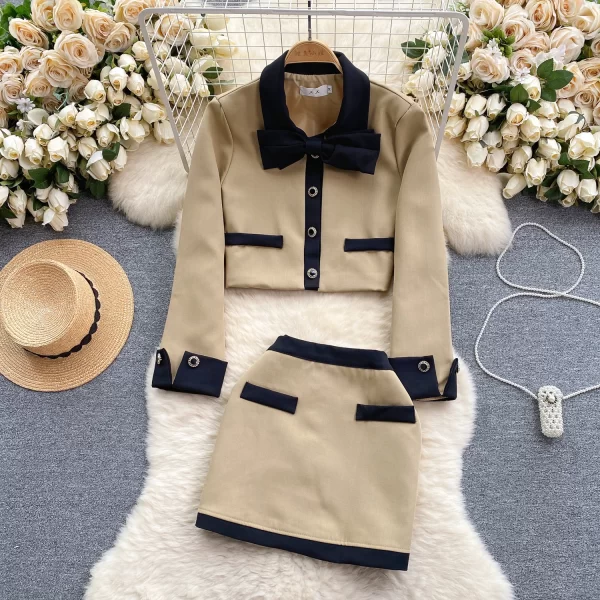 LE2087 Korean Drama Rich Family Daughter Suit Small Fragrant Wind Color Bow Cardigan Coat Short Skirt Two-Piece Set - Image 2