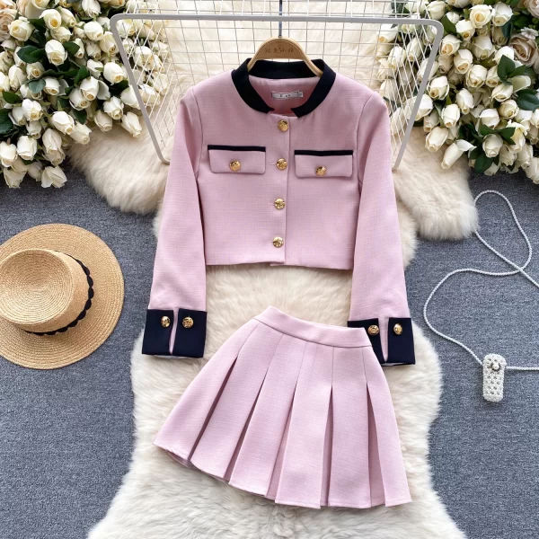 LE2074 Liuyang Qianjin Wear a Small Fragrant Wind Suit Design Sense Color Matching Cardigan + Pleated Skirt Two-Piece Set - Image 3
