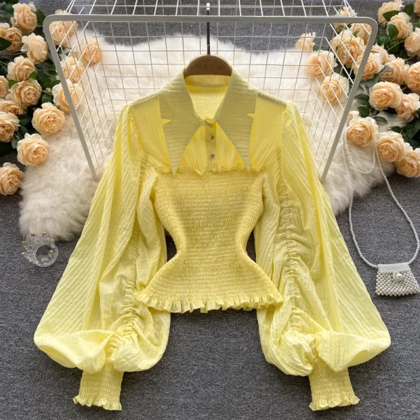 LE4033 Fashion Pleated Retro Lantern Sleeves Tucked Waist Point Collar Short Slim-Fit Shirt Ladies Style All the Top - Image 3