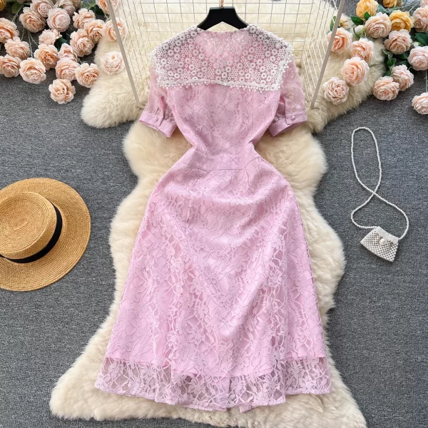 LE1665 Luxury Handmade Beaded Lace Celebrity Party Women'S Casual Dress Elegant Short Sleeve A-Line Fairy Boutique Dress - Image 2