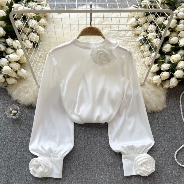 LE4039 French Shirt Women Three-Dimensional Flower Long-Sleeved Temperament Satin Shirt Spring New Top Everything - Image 3