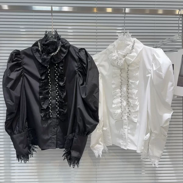 LE20561 New French Small Fragrance Nail Bead Ruffled Lace Temperament Socialite Blouse - Image 5