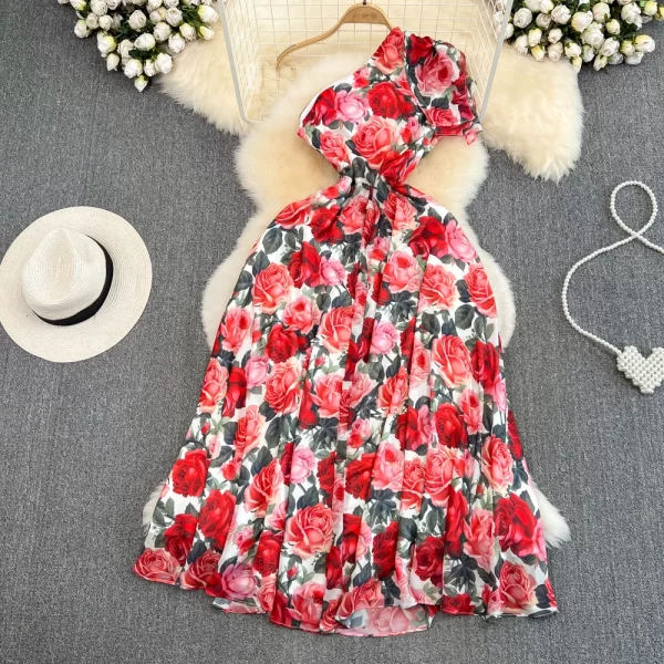LE1457 Newest Summer Oblique Runway Chiffon Dress Women One Shoulder Backless Flower Print Beach Boho Vestidos