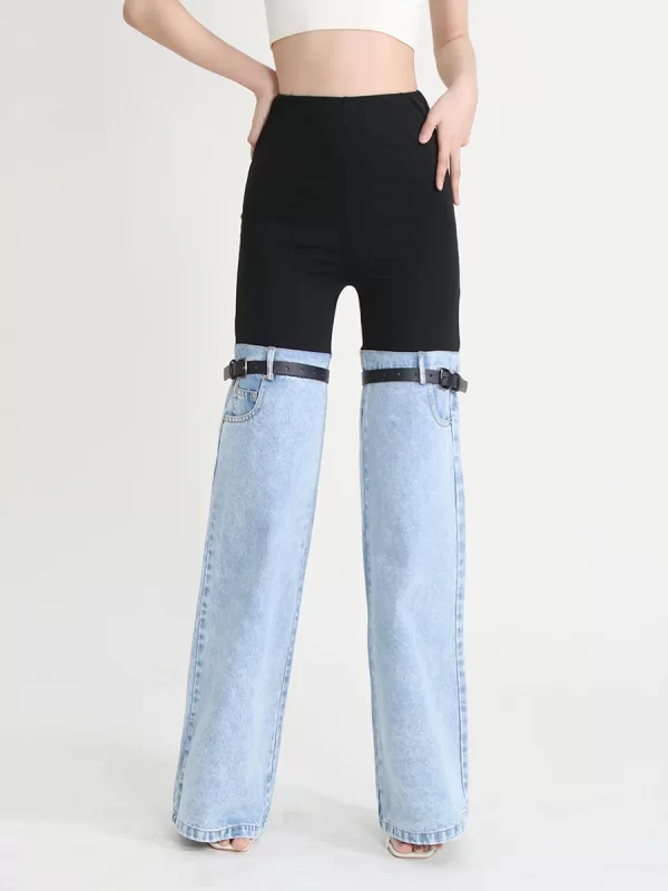 LE1078 Spring New High-Waisted Splicing Personality Design Denim Pants Women's Straight Flared Pants - Image 5