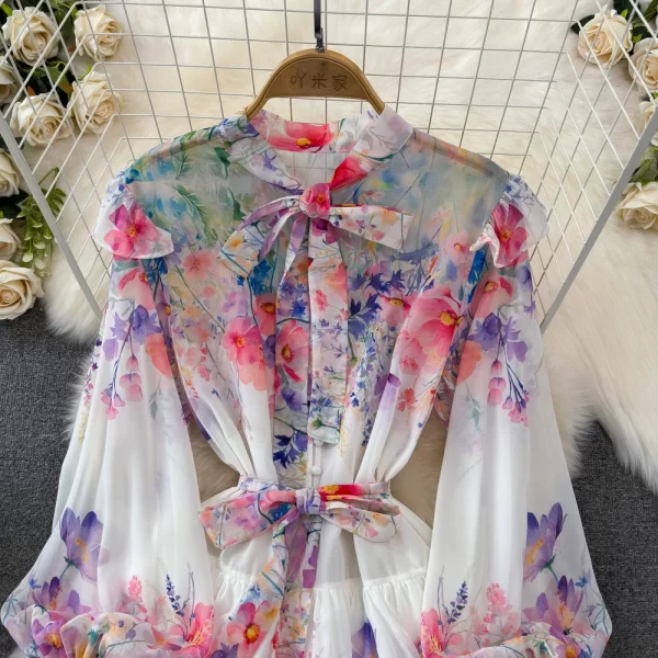 LE1924 Spring Gentle Chiffon Floral Print Dress Vintage Bow Lace-Up Lantern Long Sleeve Cake Dress Holiday Ladies Maxi Dress - Image 3