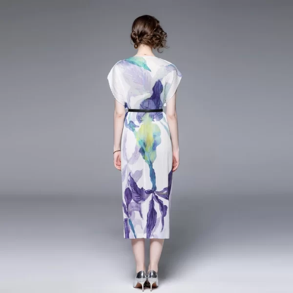 LE1475 V-neck Miyake Wrinkled Large Size Temperament Urban Women'S Dress Long Loose Butterfly Sleeve Floral Print Dress With Be - Image 5