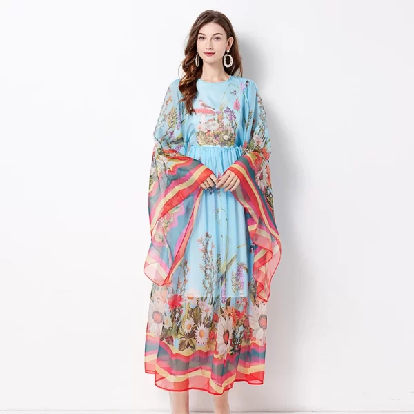 LE1530 Classic Art Pattern Dress Classical Crew-Neck Flared Long-Sleeved Loose Print Dress Tensilk Holiday Folded Maxi Dress - Image 3