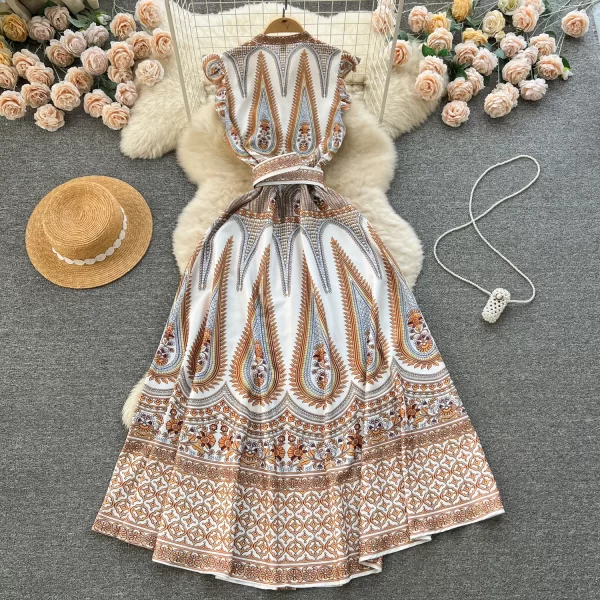 LE1907 2025 Spring Palace Style Print Dress Spring Women Elegant V-Neck Breasted Belted Flying Sleeve Holiday Maxi Casual Dress - Image 2