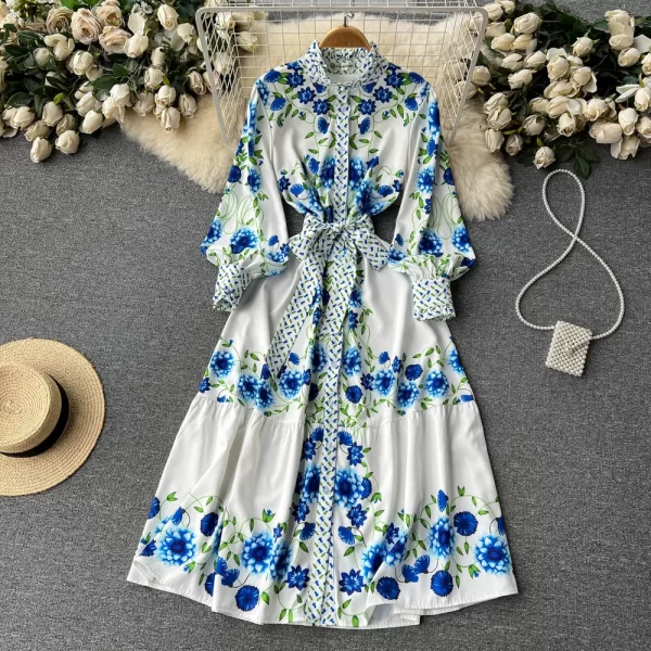 LE1453 Lantern Sleeve Floral Dress Polo Neck Lace-Up Print Gentle Wind Shirt Dress Women'S Office Holiday Wind Dress