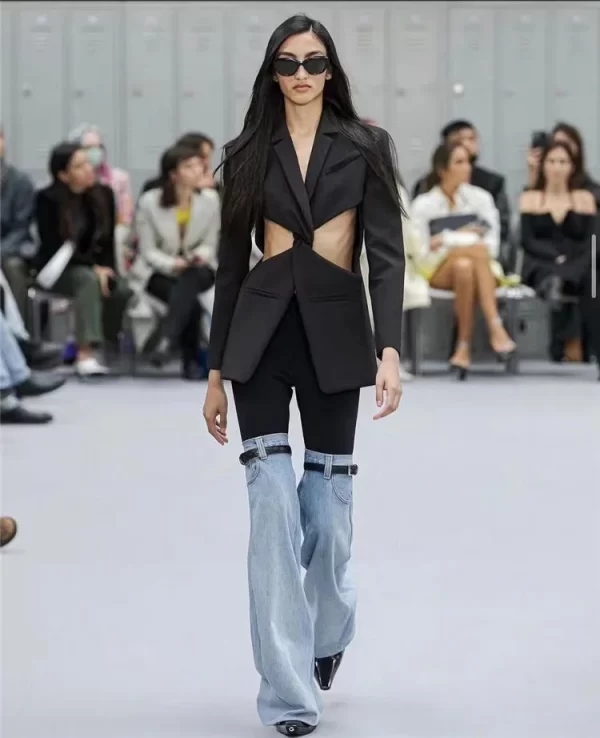 LE1078 Spring New High-Waisted Splicing Personality Design Denim Pants Women's Straight Flared Pants - Image 2