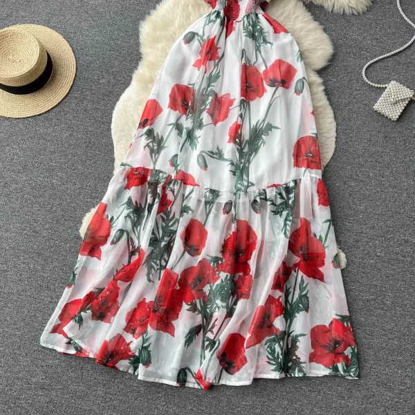 LE1467 Pastoral Style Floral Print Suspender Dress Elastic Waist Fold Retro Super Fairy Flowing Hemline Mid-Length Women'S Dress - Image 3