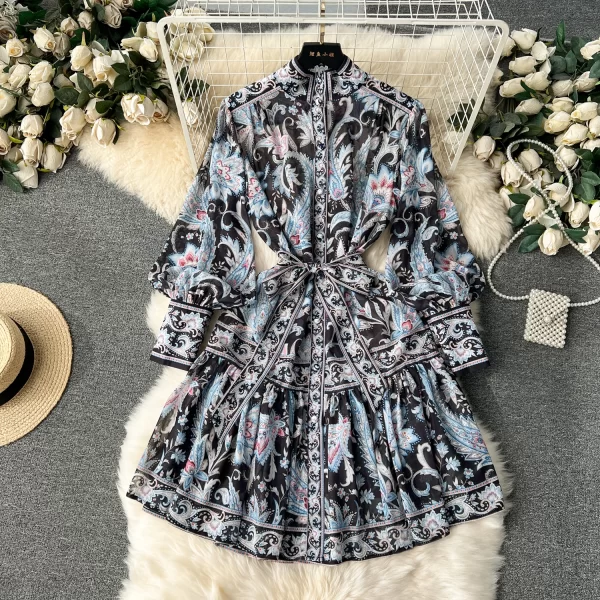 LE1905 2025 New French Court Style Dress National Style Women Print Casual Dress Lace-Up Thin Short Ruffled Elegant Dress