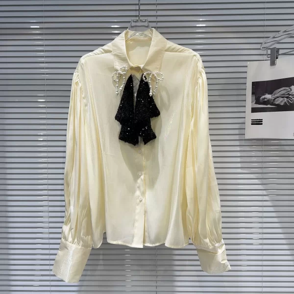 LE2048 New Small Fragrance Style Sequin Pearl Bow Embellished Solid Color Chiffon Shirt - Image 3