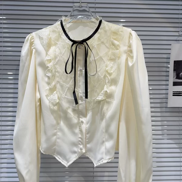 LE2052 New French Lace Ruffled Bow Tie Sequin Embellished Mercerized Blouse
