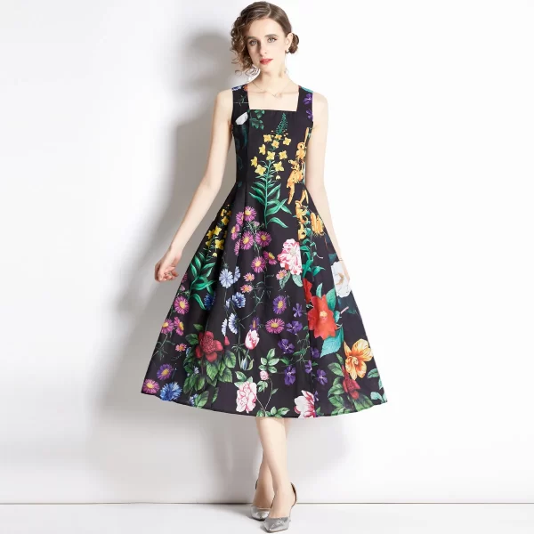 LE1489 Elegant Dress 2025 Women's New Floral Print Wide Shoulder Strap Suspender Backless Beach Holiday Mid-length Dress