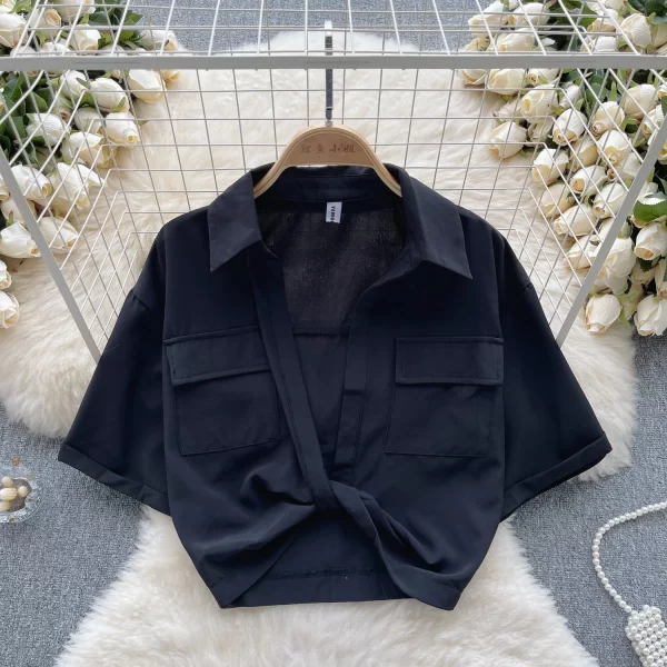 LE4017 Sweet Cool Spice Girl Style Lapel Short-Sleeved Shirt Female Summer V-Neck Twist Design Sense of Beauty Niche Pure Desir - Image 3