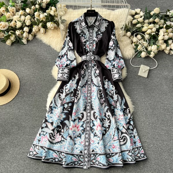 LE1892 European Court Style Dress Niche Vintage Print Slim Long Temperament Office Woman Belted Dress Spring Women 2025 New