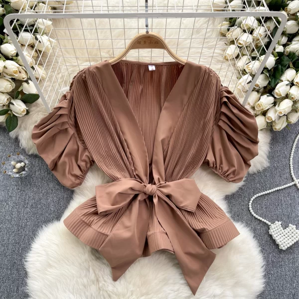 LE4036 Design Sense Pleated Bubble Sleeve French Shirt Lady Sweet Bow Waist Folding Lotus Leaf Pleated Blouse Lady - Image 2