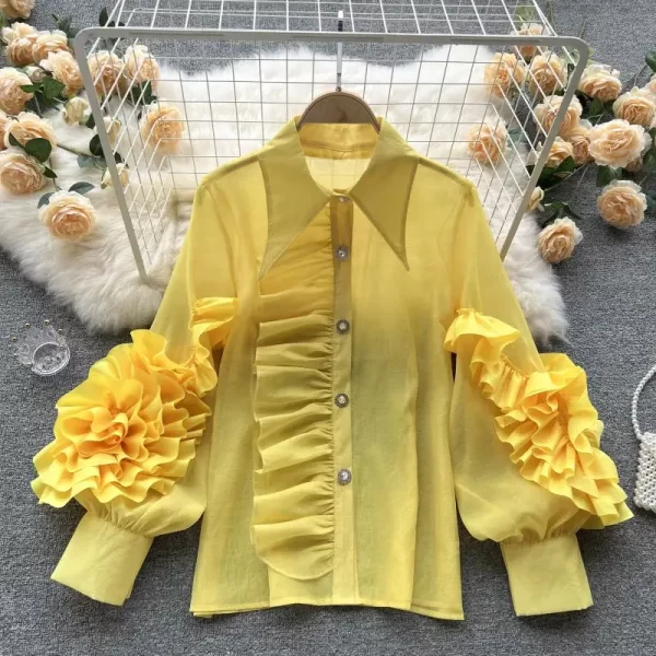 LE4034 New Niche Design Sense Lapel Single Breasted Ruffled Edge Splicing Personality Loose Western Style Shirt Woman - Image 4