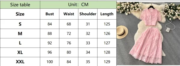 LE2069 Couture Couture Women'S French Lace Crochet Puff Sleeve Shirt Two-Piece Set of High-Waisted Slimming Skirt - Image 6