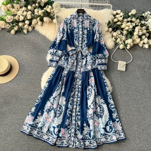 LE1902 Court Style Belted Print Dress Spring Women Design Retro Slim Long French Puffed Sleeve Dress Fashion Women'S Clothes - Image 3