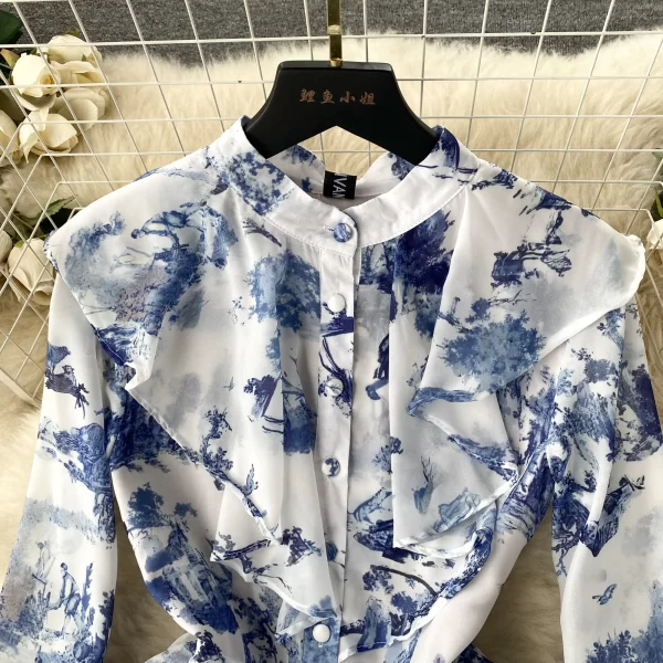LE1913 European Ins Floral Print Chiffon Dress New French Vintage Bubble Seven-Point Sleeve Bohemian Holiday Maxi Dress Woman - Image 3