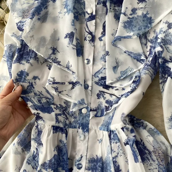 LE1913 European Ins Floral Print Chiffon Dress New French Vintage Bubble Seven-Point Sleeve Bohemian Holiday Maxi Dress Woman - Image 4