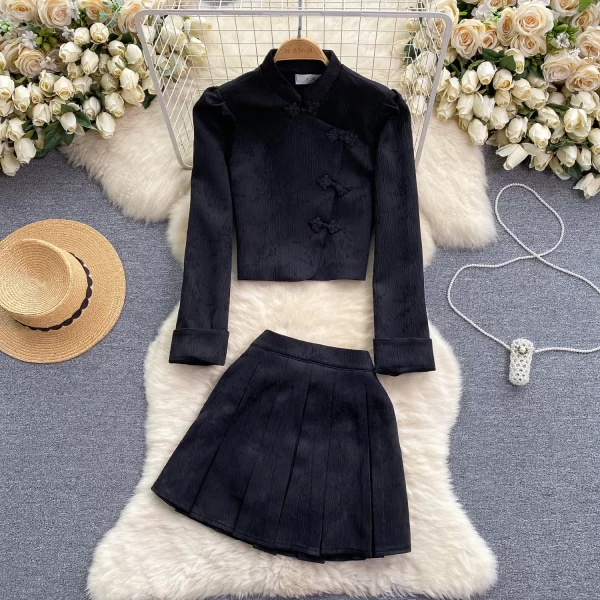 LE2079 Women's Retro Cheongsam Blouse Short Matching Age Reduction Pleated Skirt National Style Two Sets