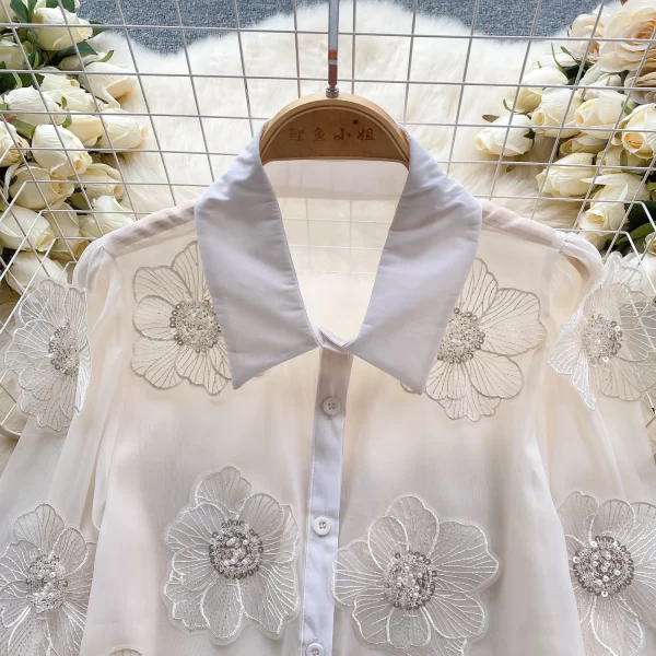 LE4030 High-End Beaded Sequin Three-Dimensional Flower Shirt Women 2025 Spring New See-Through Mesh French Top - Image 2
