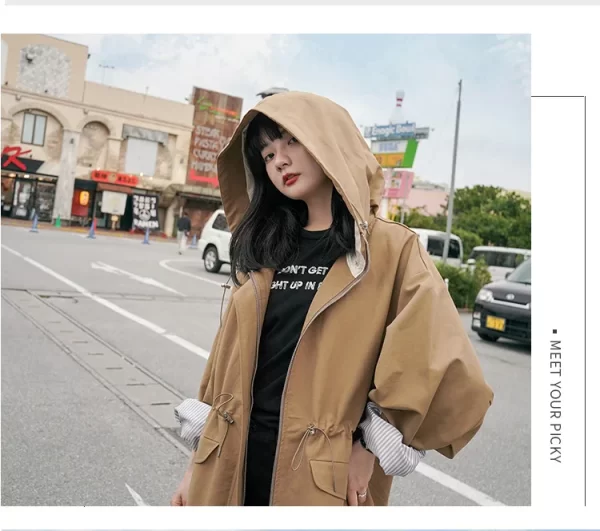 LE4556 Autumn Long Trench Coat Female Korean Version Loose Small Waist Cargo Hooded Coat - Image 3