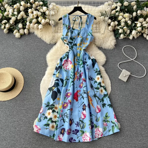 LE1595 Bohemian Summer Women Dress Fashion Spaghetti Strap Colorful Flower Print Black Long Party Midi Casual Dress - Image 3