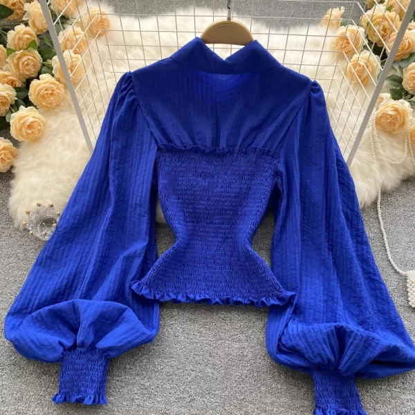 LE4033 Fashion Pleated Retro Lantern Sleeves Tucked Waist Point Collar Short Slim-Fit Shirt Ladies Style All the Top - Image 4