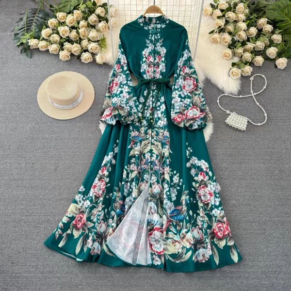 LE1930 Court Style Printed Dress Lantern Long Sleeve Standing Collar Maxi Dresses Woven Belt Elegant Ladies Long Evening Dress - Image 3