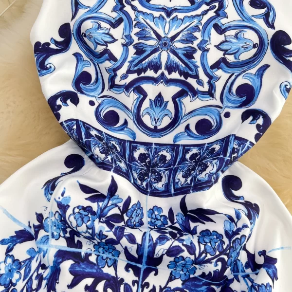 LE1514 Summer Runway Women Elegant Blue and White Porcelain Flower Printing Sleeveless High Waist a Line Tank O Neck Mini Dress - Image 3