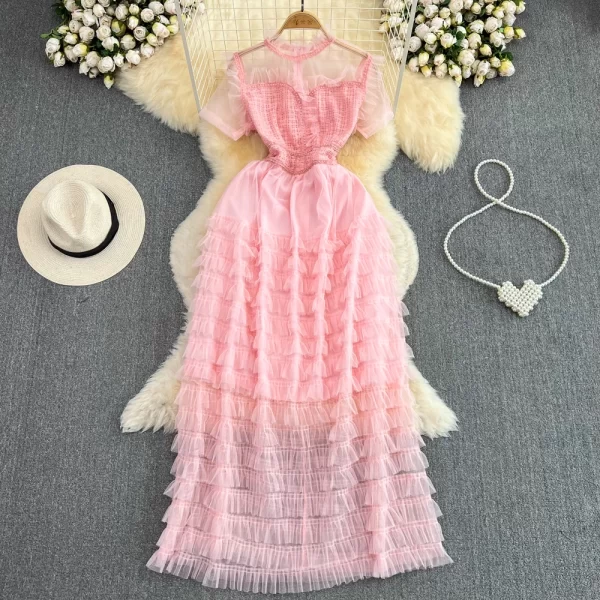 LE2146 Summer Vintage Style Socialite Party Tulle Evening Gown Stand Collar Lace Patchwork A-Line Cake Dress Elegant Long Dress