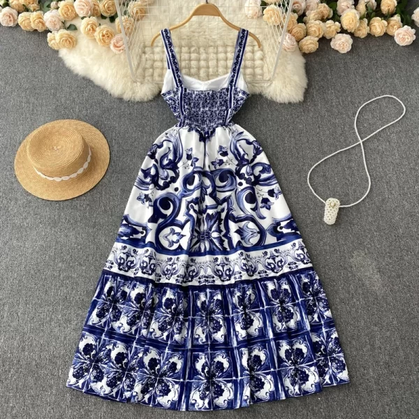 LE2120 Summer Holiday Maxi Dress Women's Spaghetti Strap V Neck Backless Blue and White Porcelain Print Vacation Long Vestido - Image 2