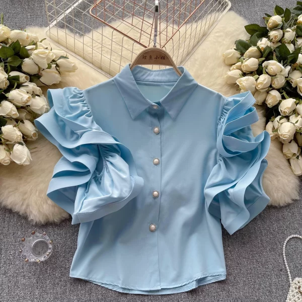LE4026 French Niche Design Sense Ruffled Shirt Women'S Summer Dress New Fashion Style With Lapel Cardigan Top - Image 4