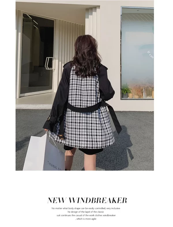 LE4557 Plaid Patchwork Black Trench Coat Female Design Sense of High-Grade Spring and Autumn British Wind Long Coat - Image 6