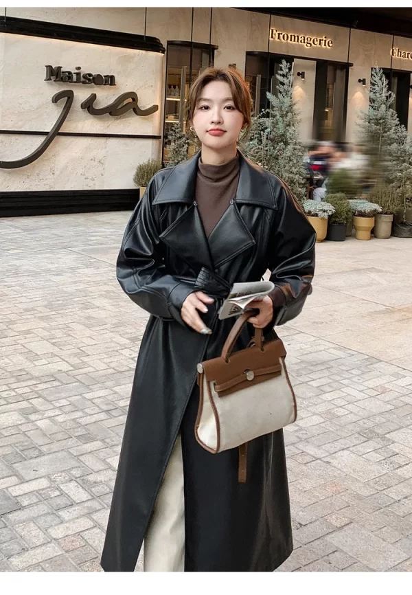 LE4548 New Autumn and Winter Leather Trench Coat Temperament Plus Fur Coat Aliexpress Foreign Trade Cross-Border - Image 2