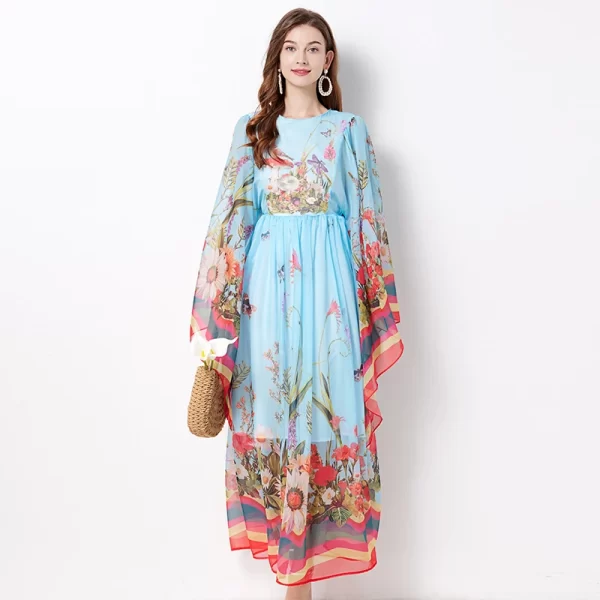 LE1530 Classic Art Pattern Dress Classical Crew-Neck Flared Long-Sleeved Loose Print Dress Tensilk Holiday Folded Maxi Dress - Image 2